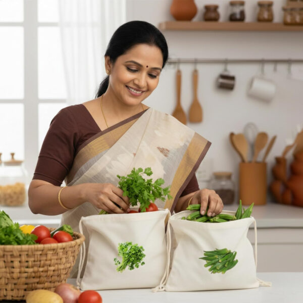 Vegetable Printed Cotton Drawstring Storage Bags (Pack of 10 )| Reusable Kitchen Vegetable Storage Bags | Eco Friendly Cotton Organizer